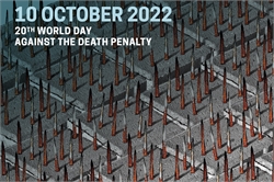 [ai] An artistic representation of a concrete surface covered with upward-facing nails, with text indicating "10 October 2022, 20th World Day Against the Death Penalty" in bold letters.